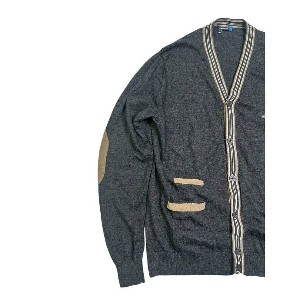 J Lindeberg Cardigan Sweater Mens XXL Fits Sz LARGE Gray Elbow Patch Pinehurst